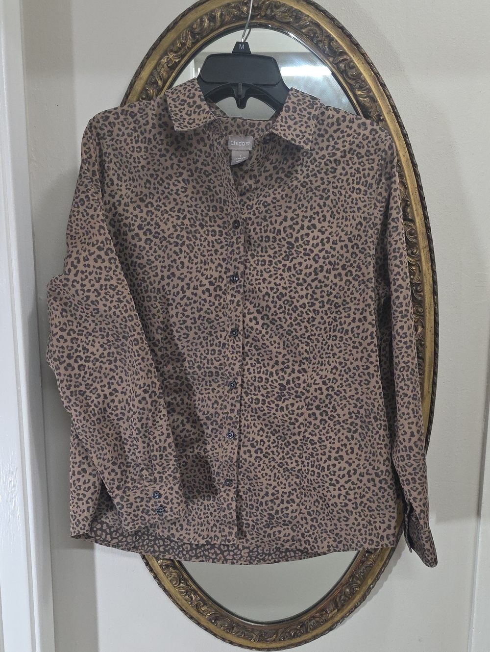 Chico's Brown Black Leopard-Print Button-Up Shirt SIZE 1 / Small Long Sleeve